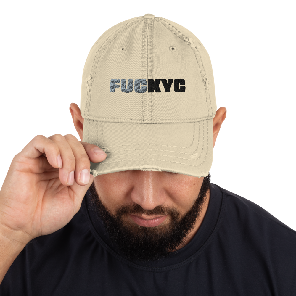 bitcoin hat - fuckyc embroidery distressed - front view male model - khaki
