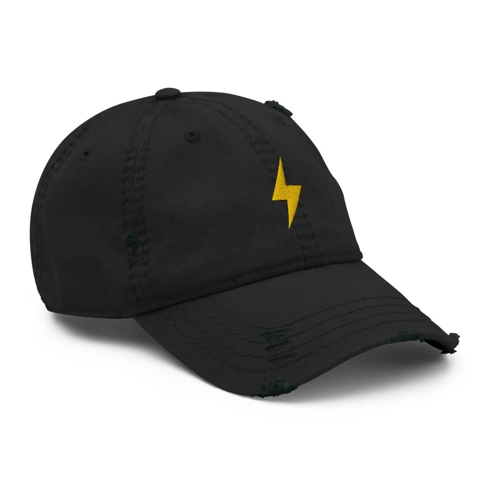 bitcoin hat - gold lightning symbol distressed design - angled view - black