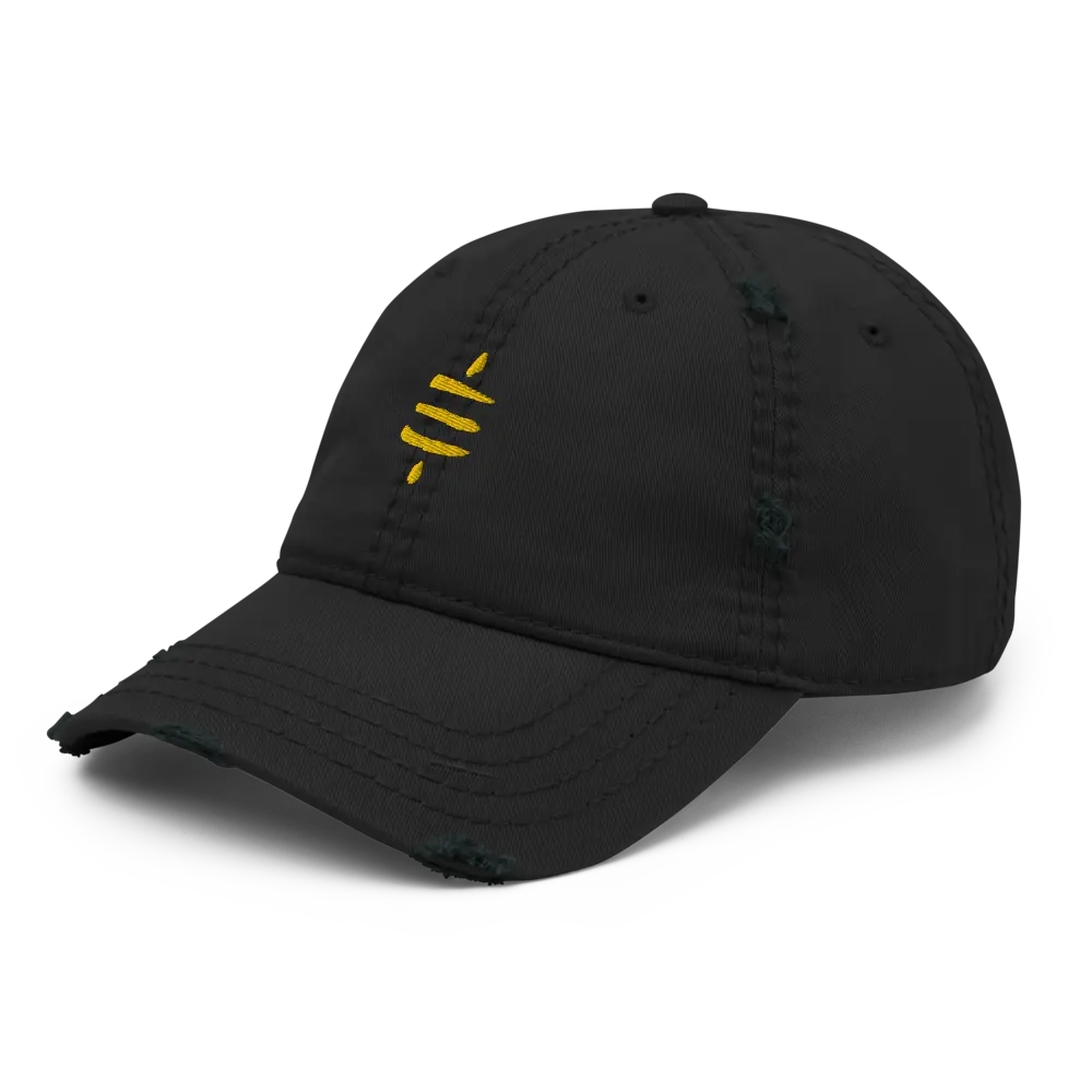 bitcoin hat - gold sats symbol distressed design - angled view - black