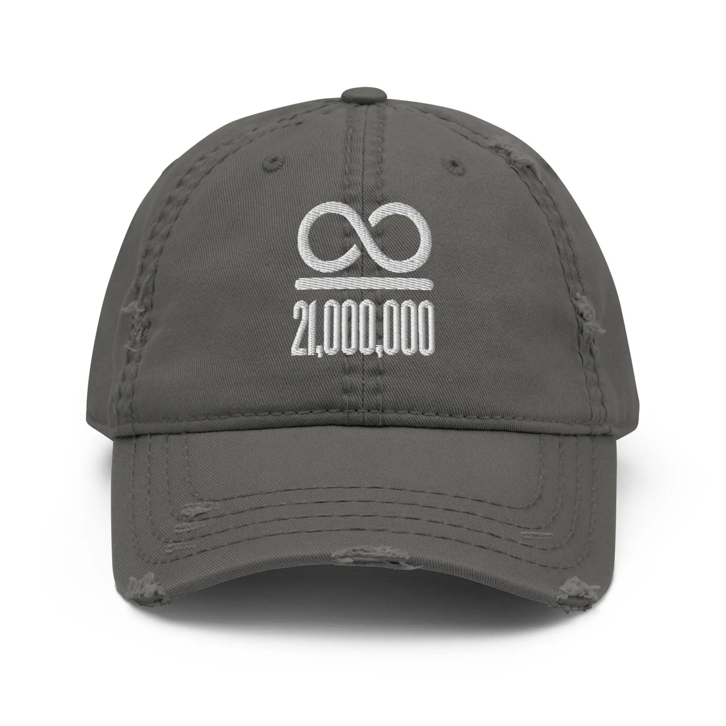 bitcoin hat - infinity divided by 21 million embroidery - front view - grey