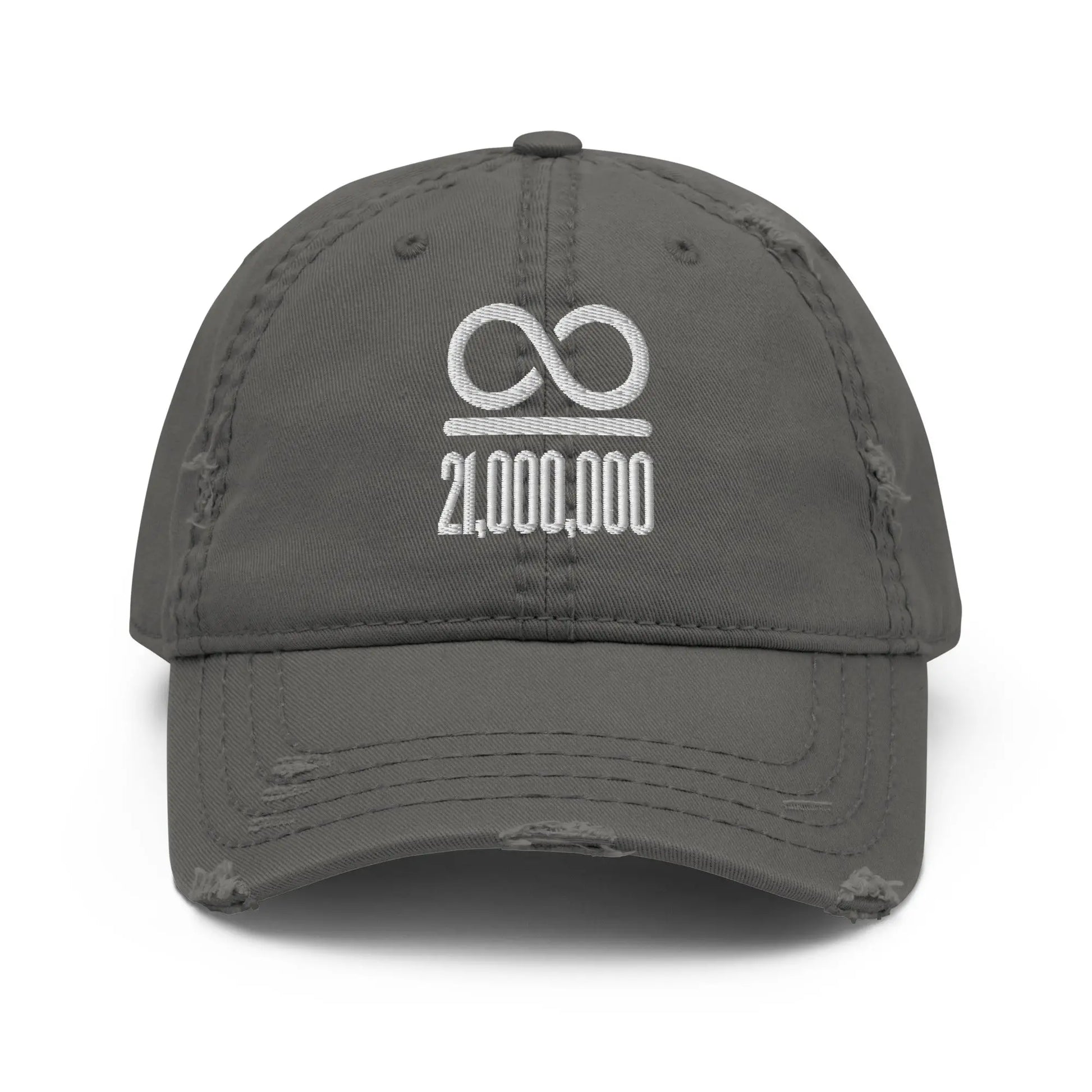 bitcoin hat - infinity divided by 21 million embroidery - front view - grey