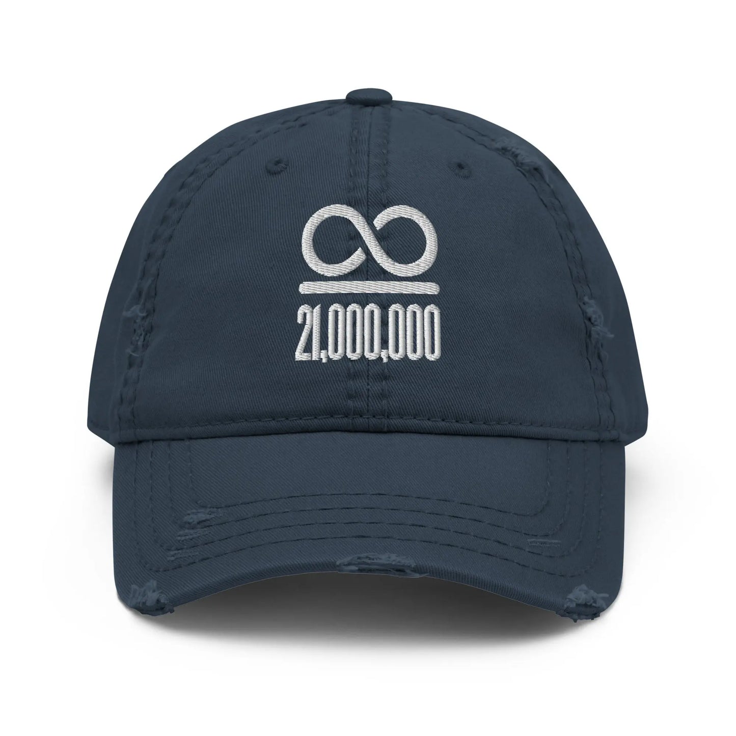 bitcoin hat - infinity divided by 21 million embroidery - front view - navy