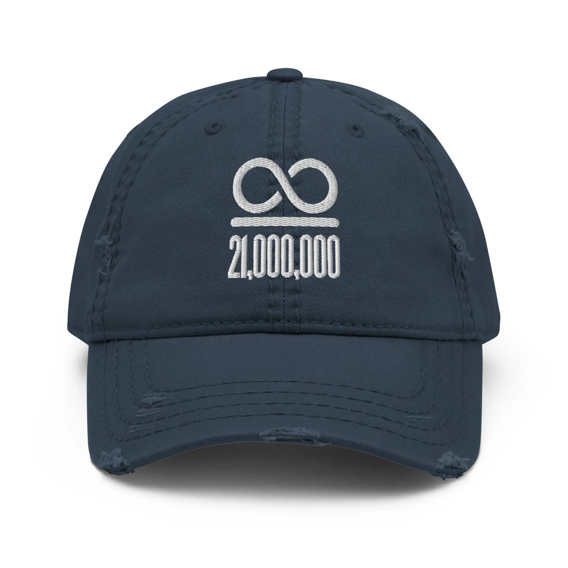 bitcoin hat - infinity divided by 21 million embroidery - front view - navy