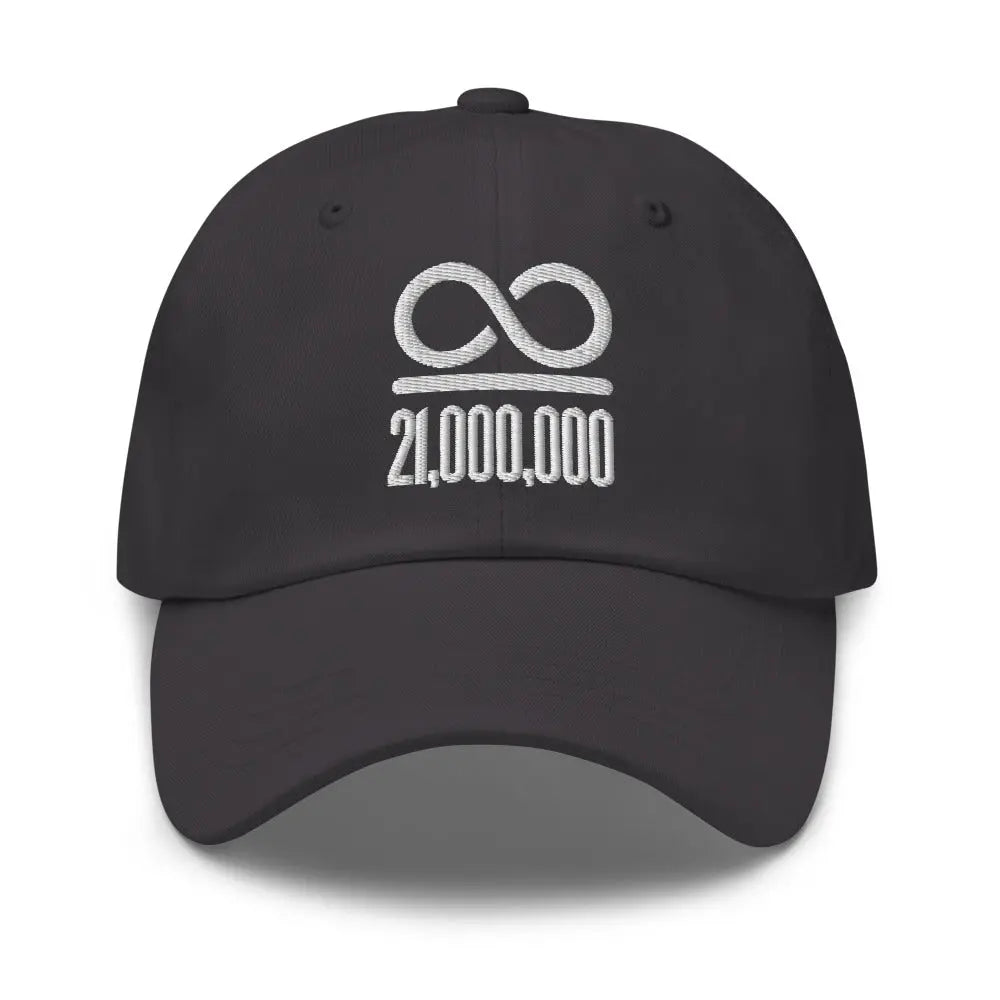 bitcoin hat - infinity 21 million - front view - grey