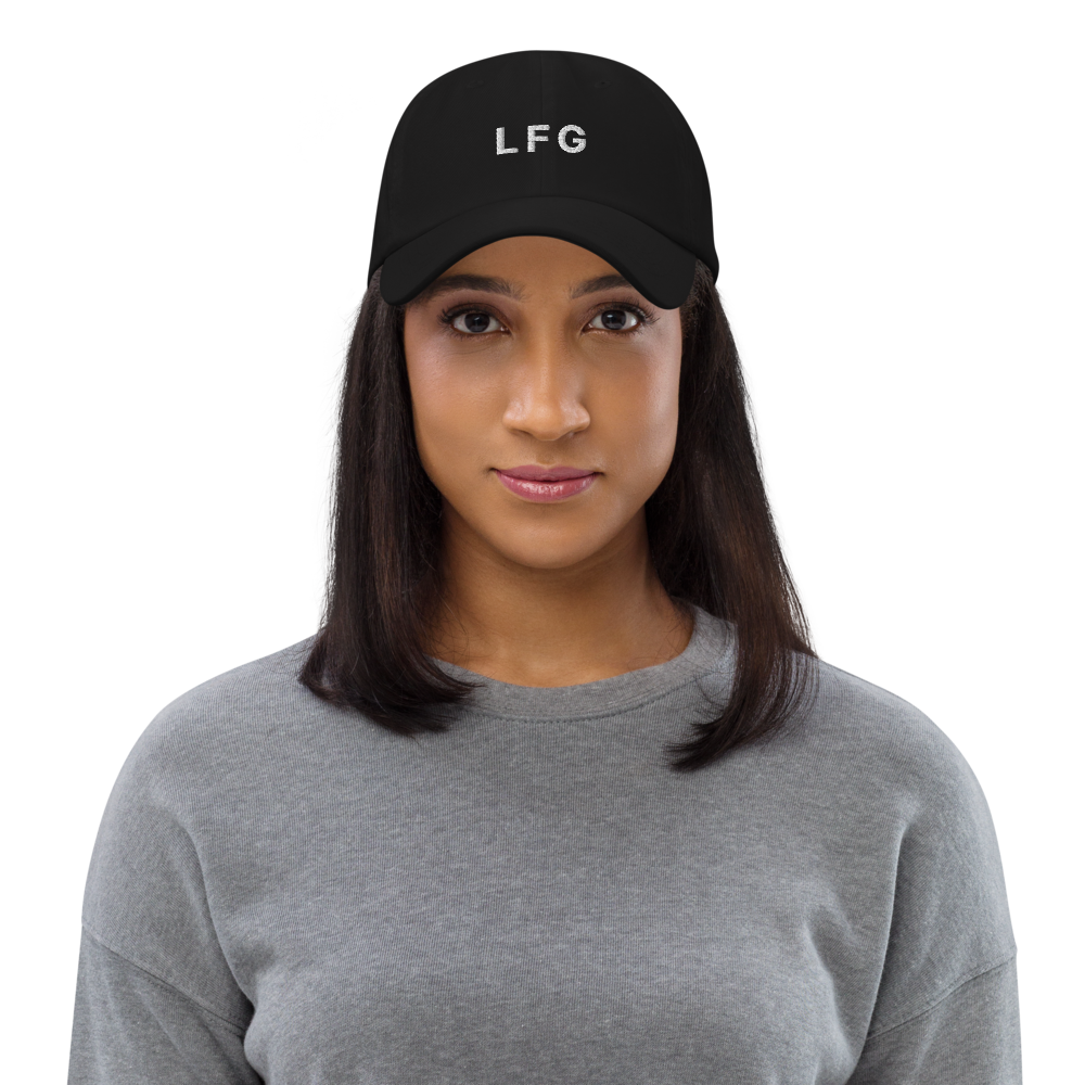 bitcoin hat - lfg - front view - worn by female - black