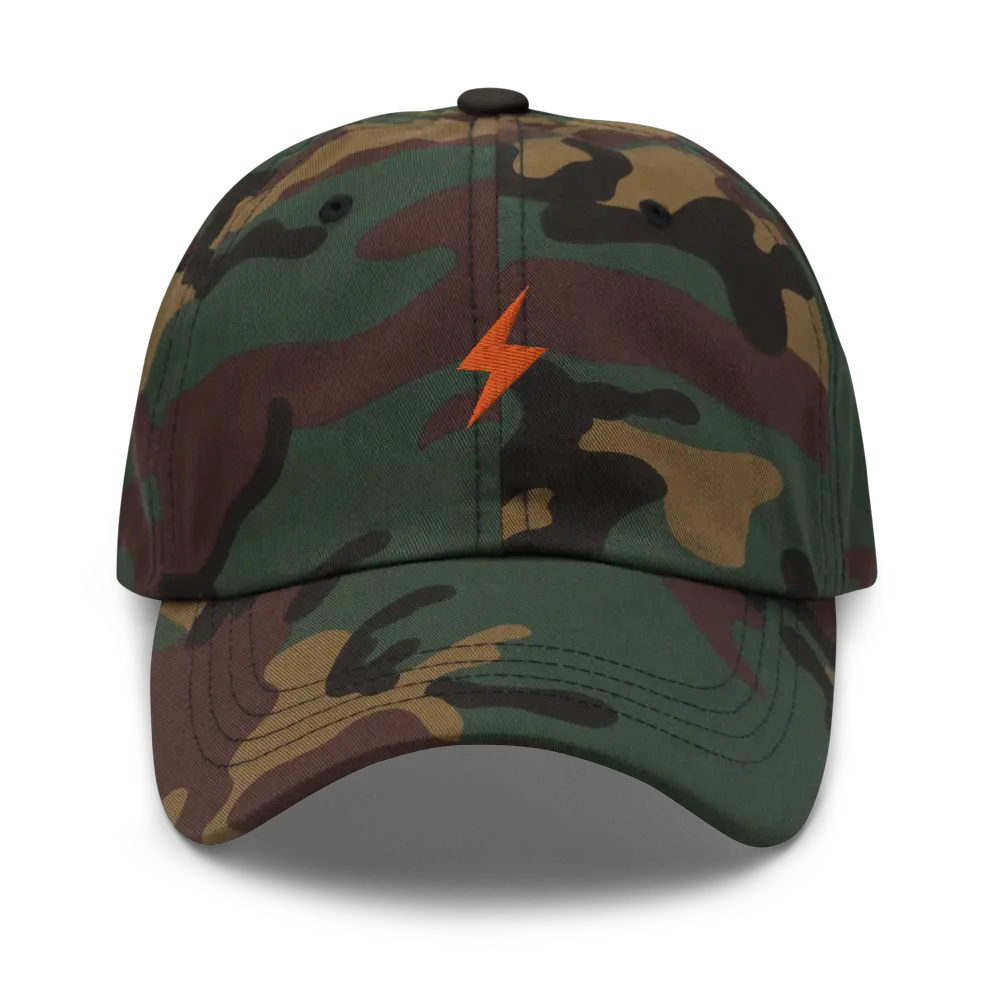 bitcoin hat - lightning & sats - front embroidery view - camo
