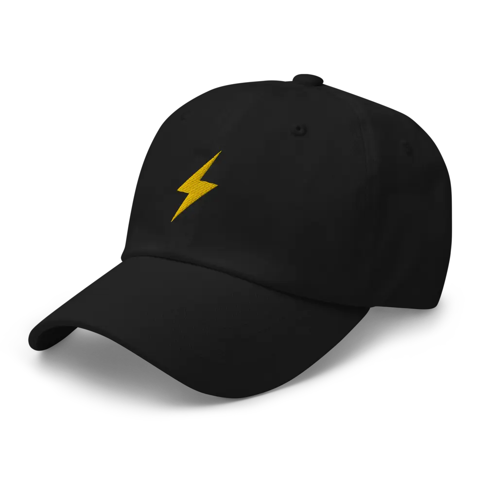 bitcoin hat - lightning symbol - angled gold embroidery - black
