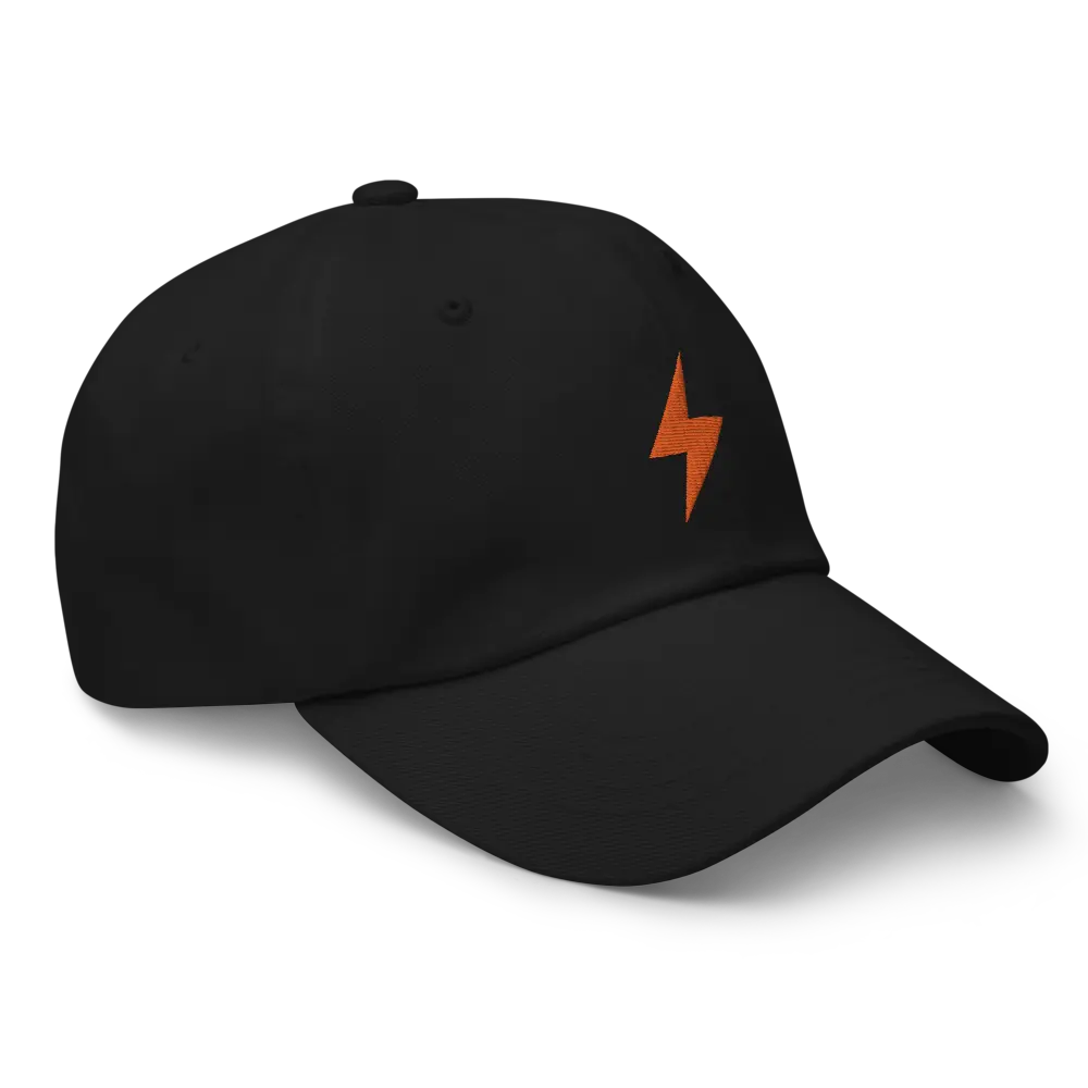 bitcoin hat - lightning symbol - angled view orange embroidery - black