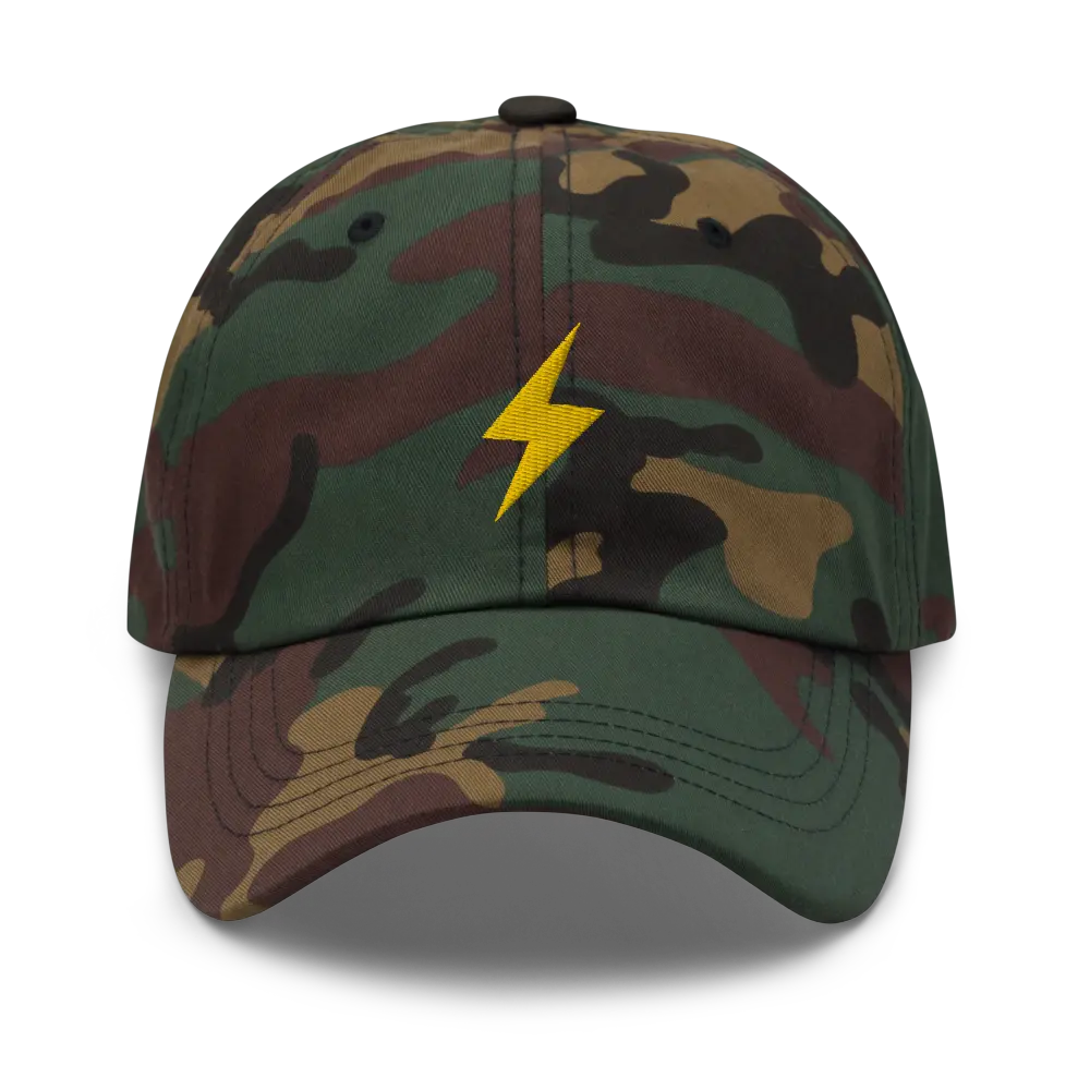 bitcoin hat - lightning symbol - gold embroidery front - camo