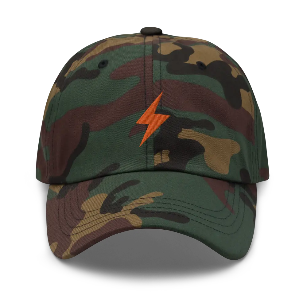 bitcoin hat - lightning symbol - orange embroidery front - camo
