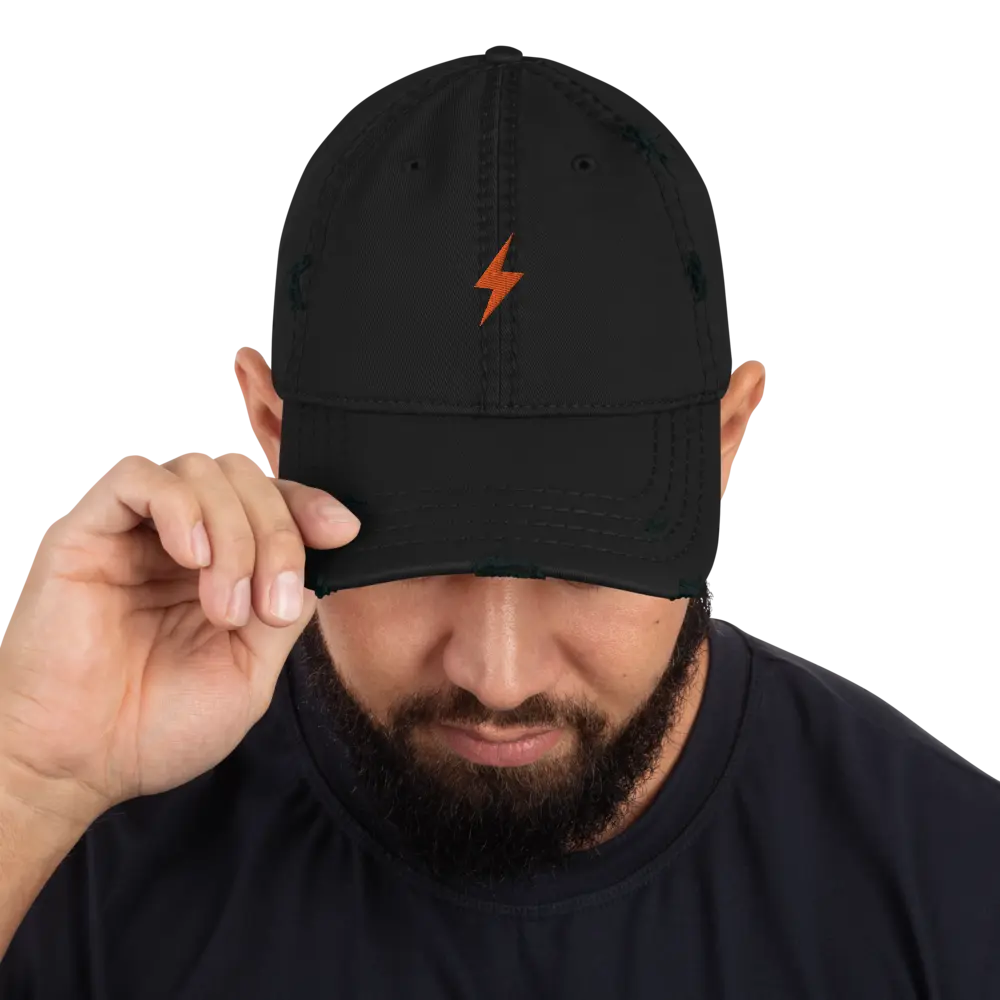 bitcoin hat - lightning symbol front - on model - orange embroidery - black