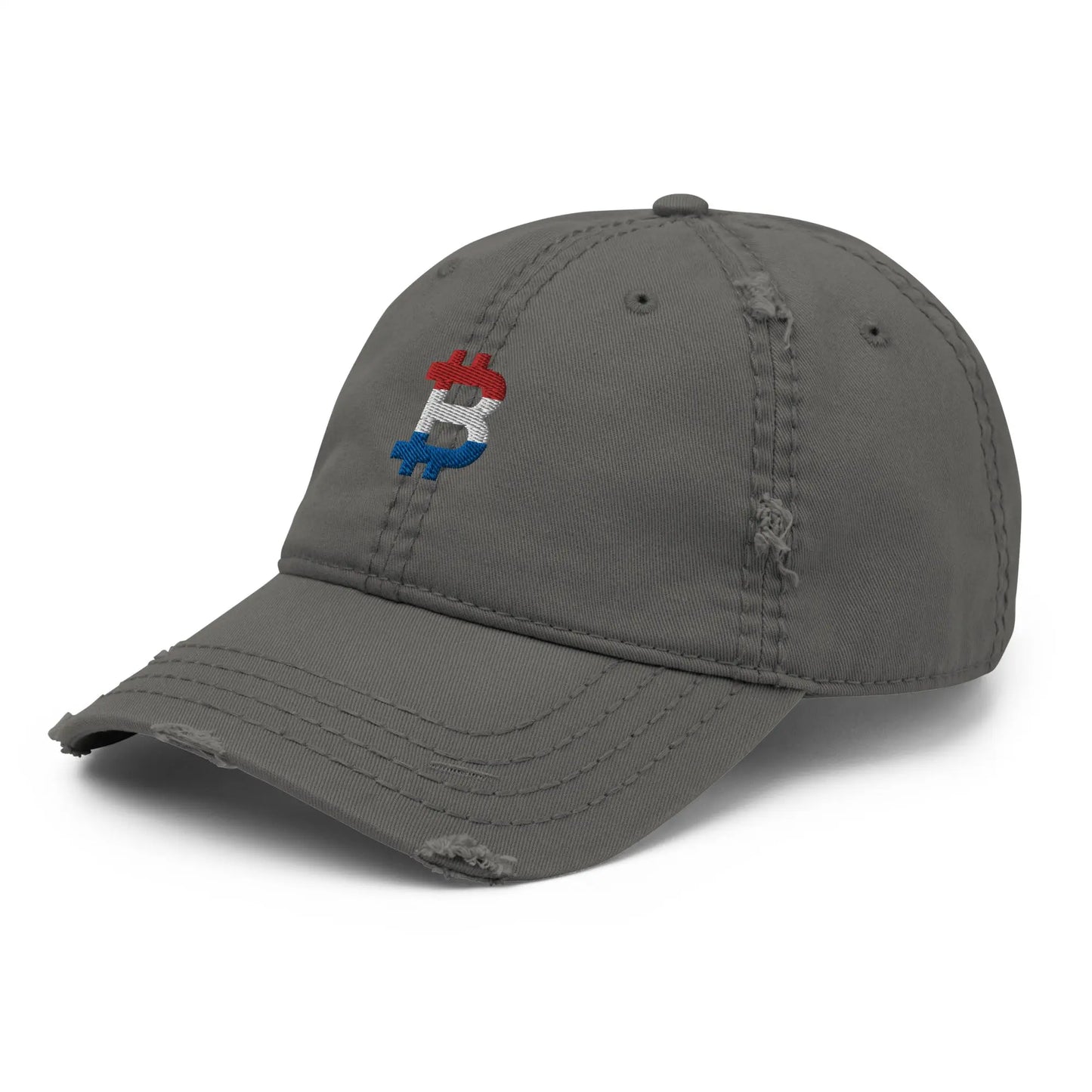 bitcoin hat - netherlands bitcoin flag distressed design - angled view - grey