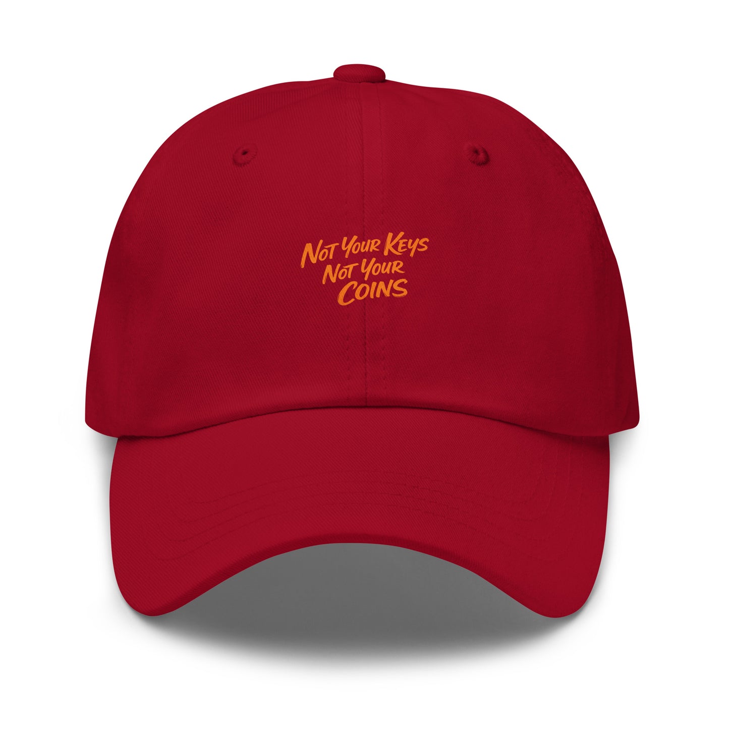 bitcoin hat - not your keys - front view - cranberry red