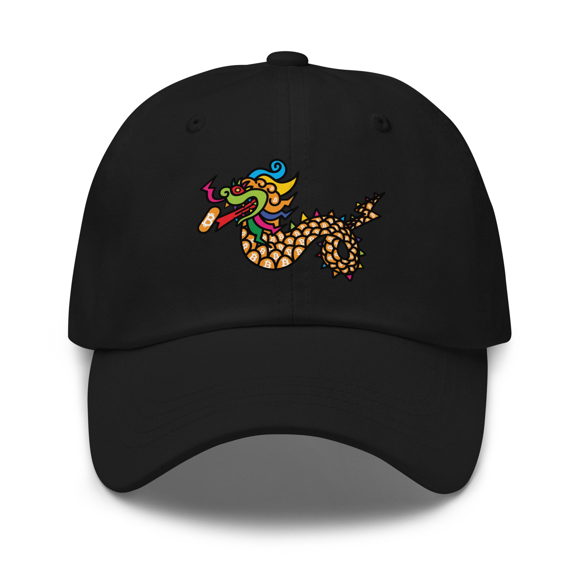 bitcoin hat - orange pill dragon - front view - black