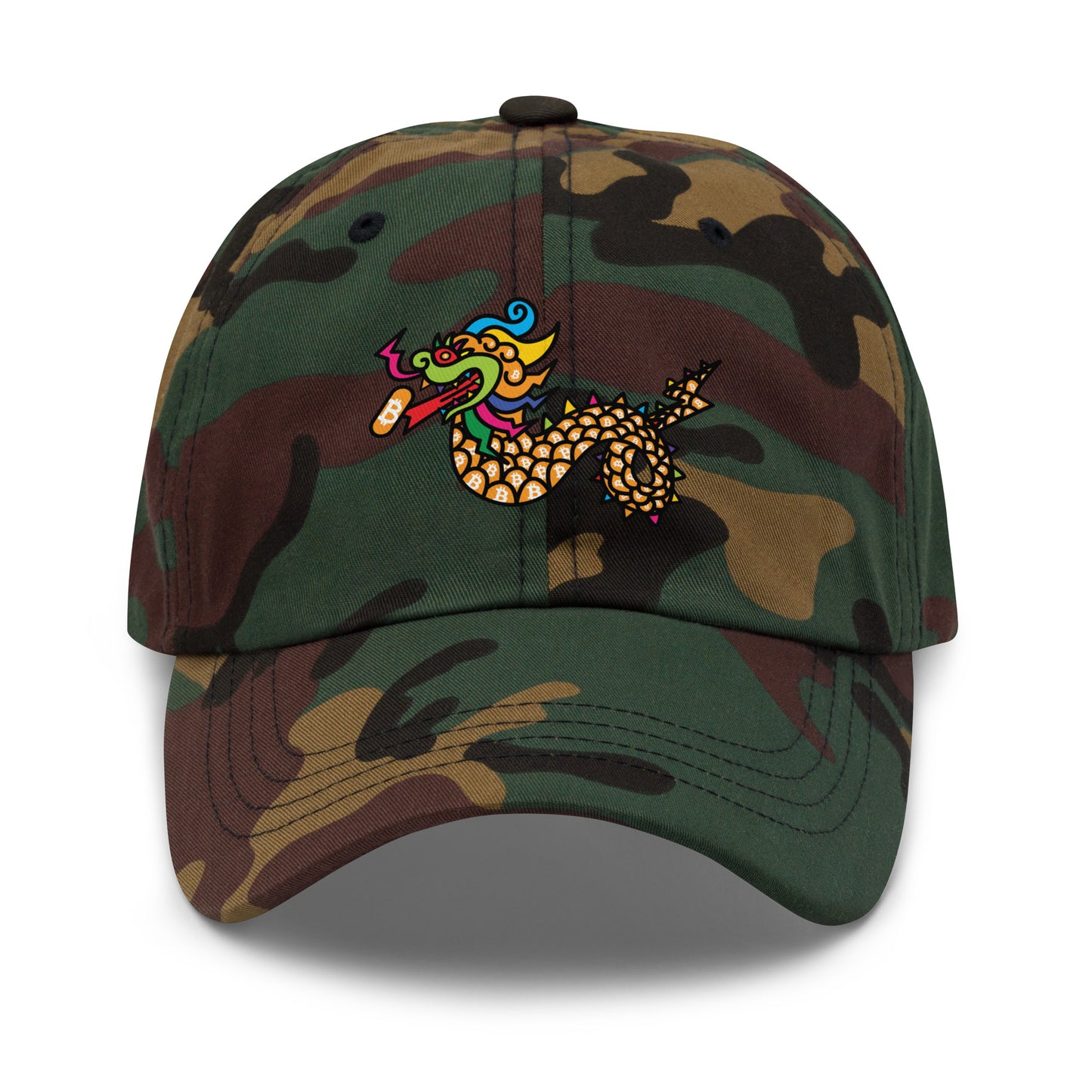 bitcoin hat - orange pill dragon - front view - camo