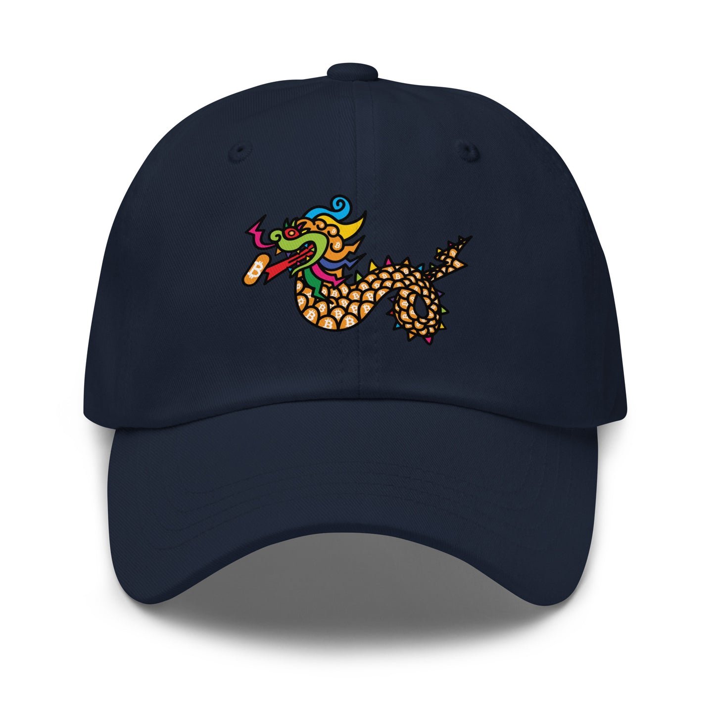bitcoin hat - orange pill dragon - front view - navy