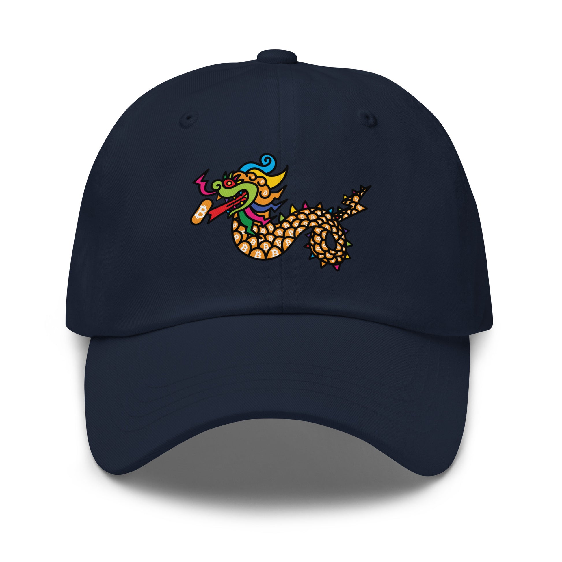 bitcoin hat - orange pill dragon - front view - navy