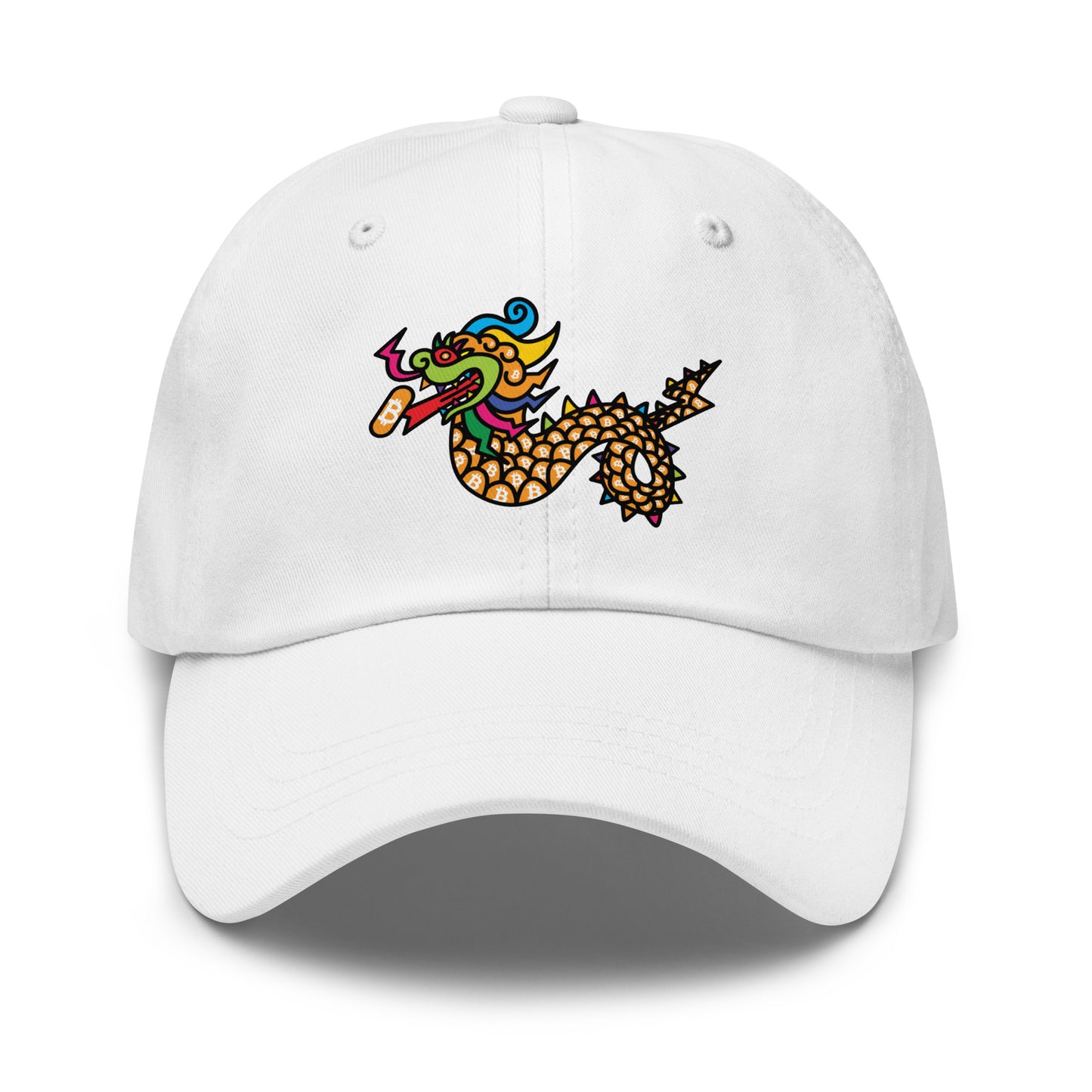 bitcoin hat - orange pill dragon - front view - white