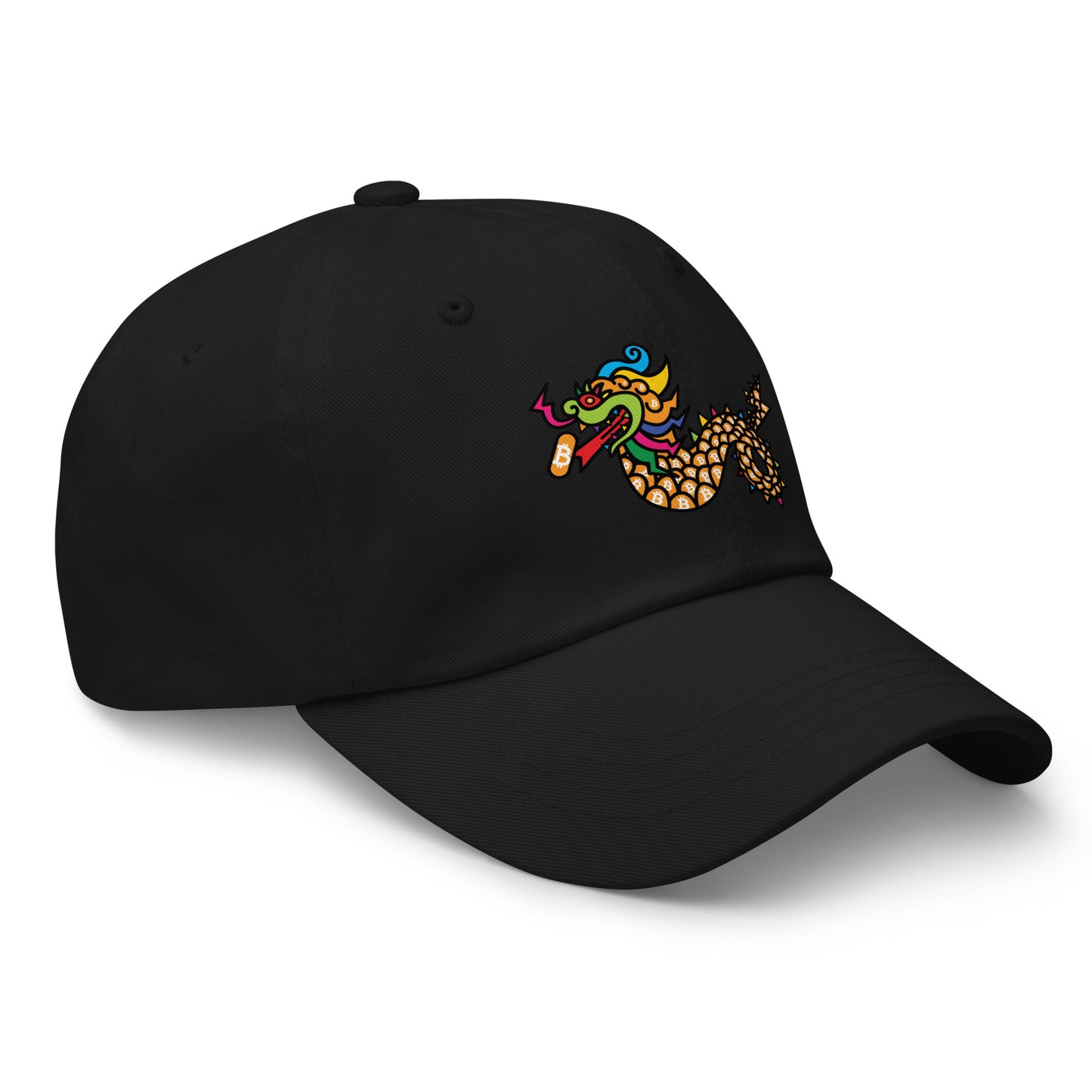 bitcoin hat - orange pill dragon - side view right - black
