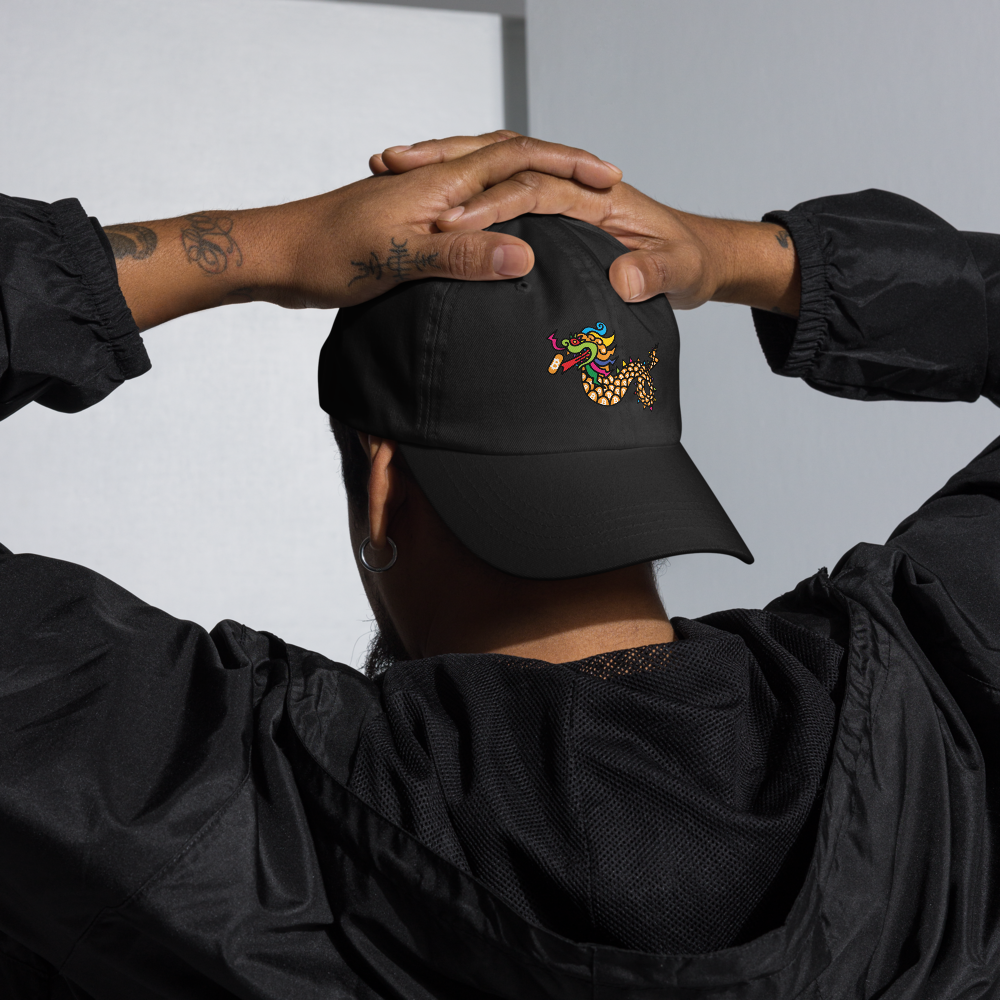 bitcoin hat - orange pill dragon - worn back profile - black