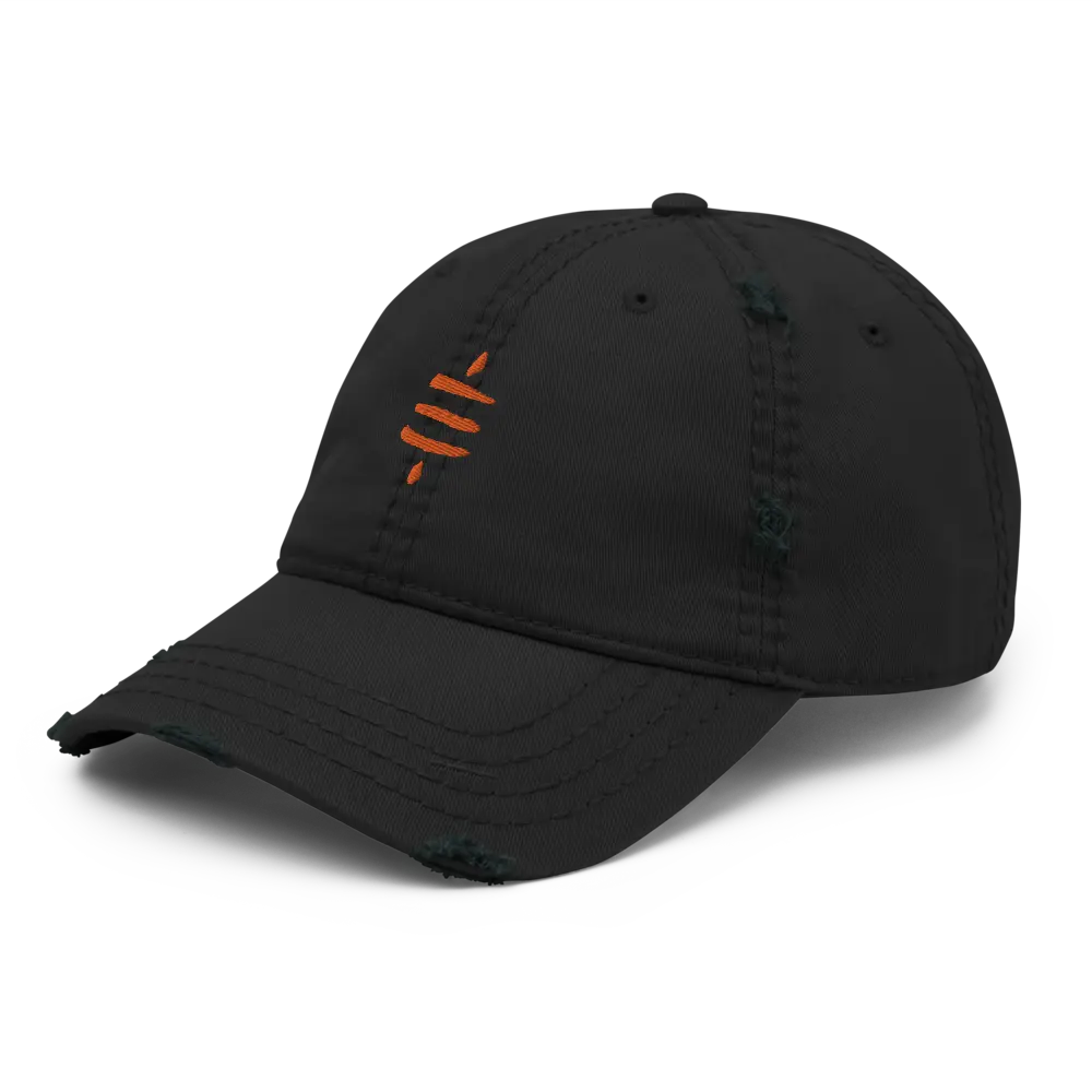 bitcoin hat - orange sats symbol distressed design - angled view - black