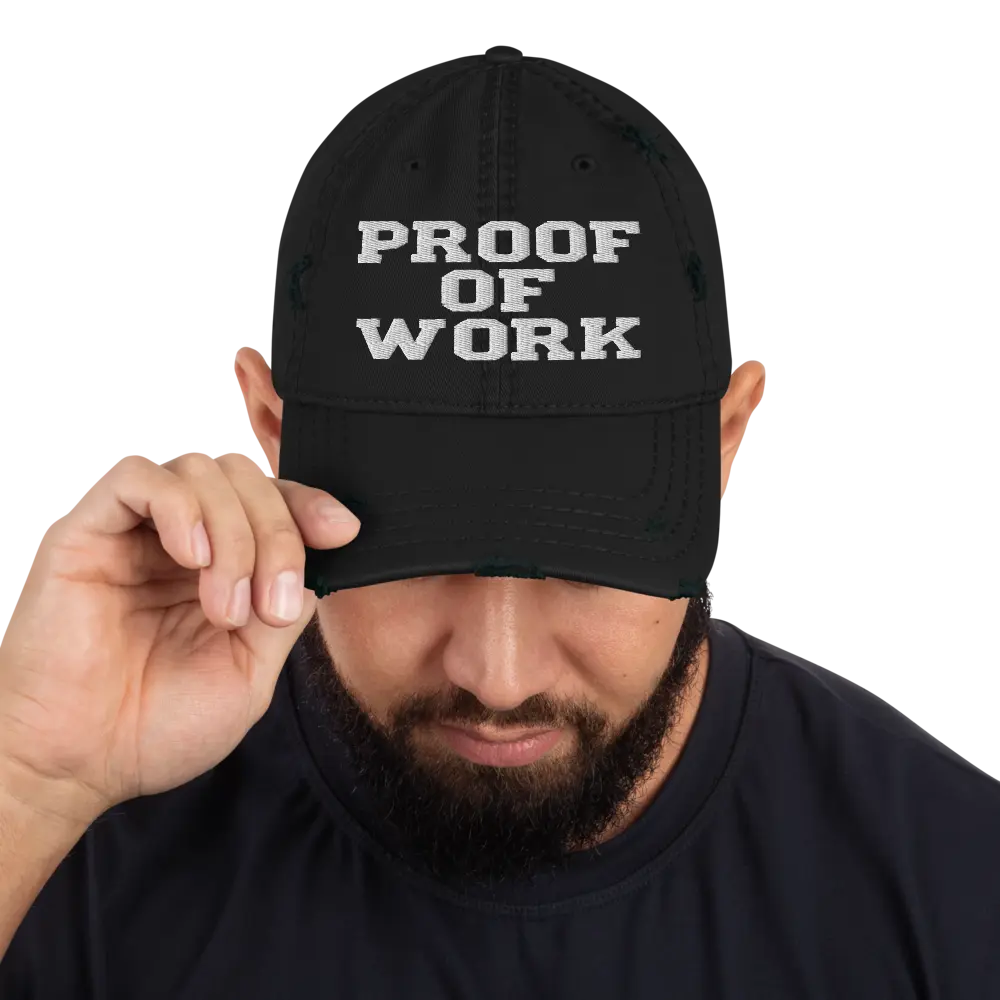 bitcoin hat - proof of work embroidery - front view on male model - black