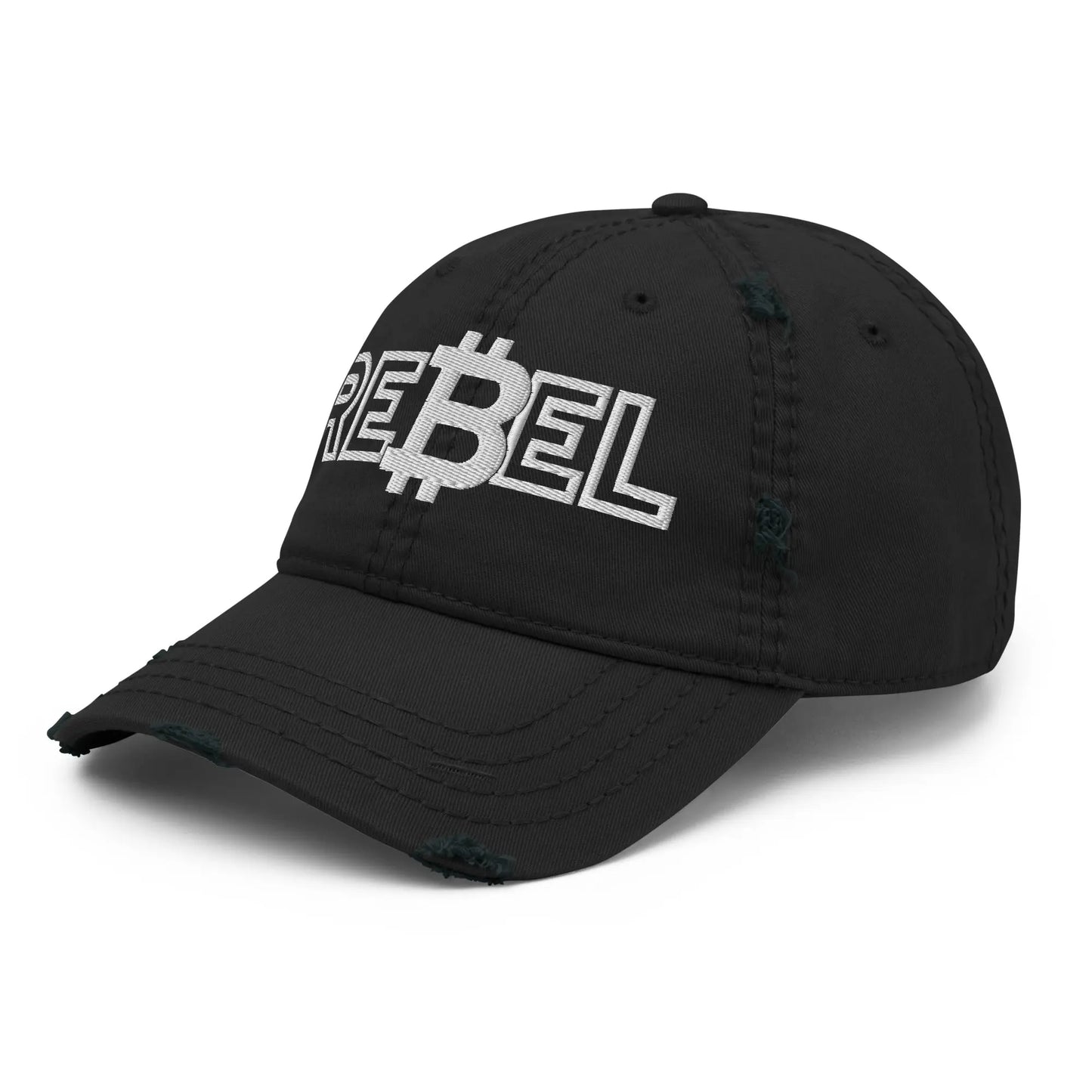 bitcoin hat - rebel distressed design - angled view - black