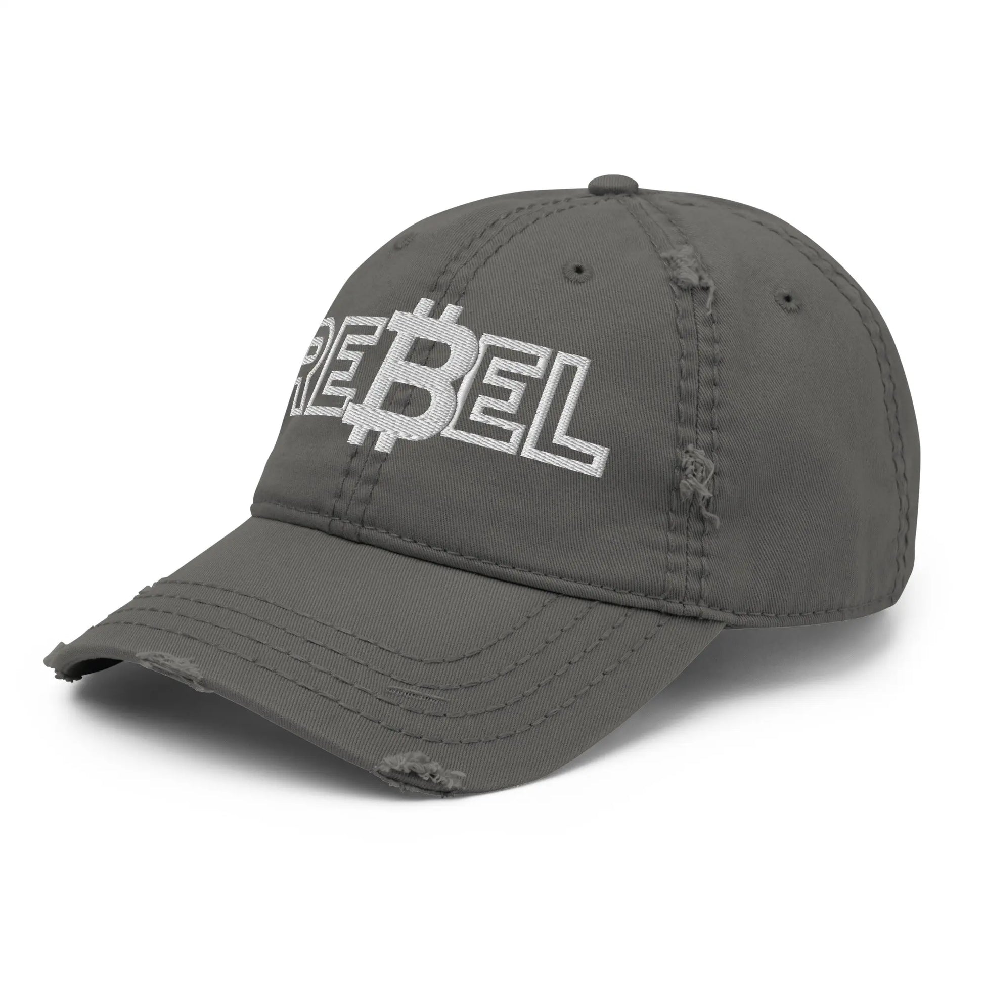 bitcoin hat - rebel distressed design - angled view - grey
