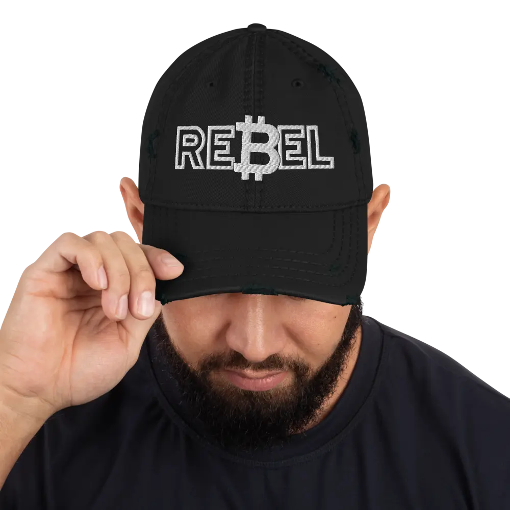 bitcoin hat - rebel embroidery - front view on male - black