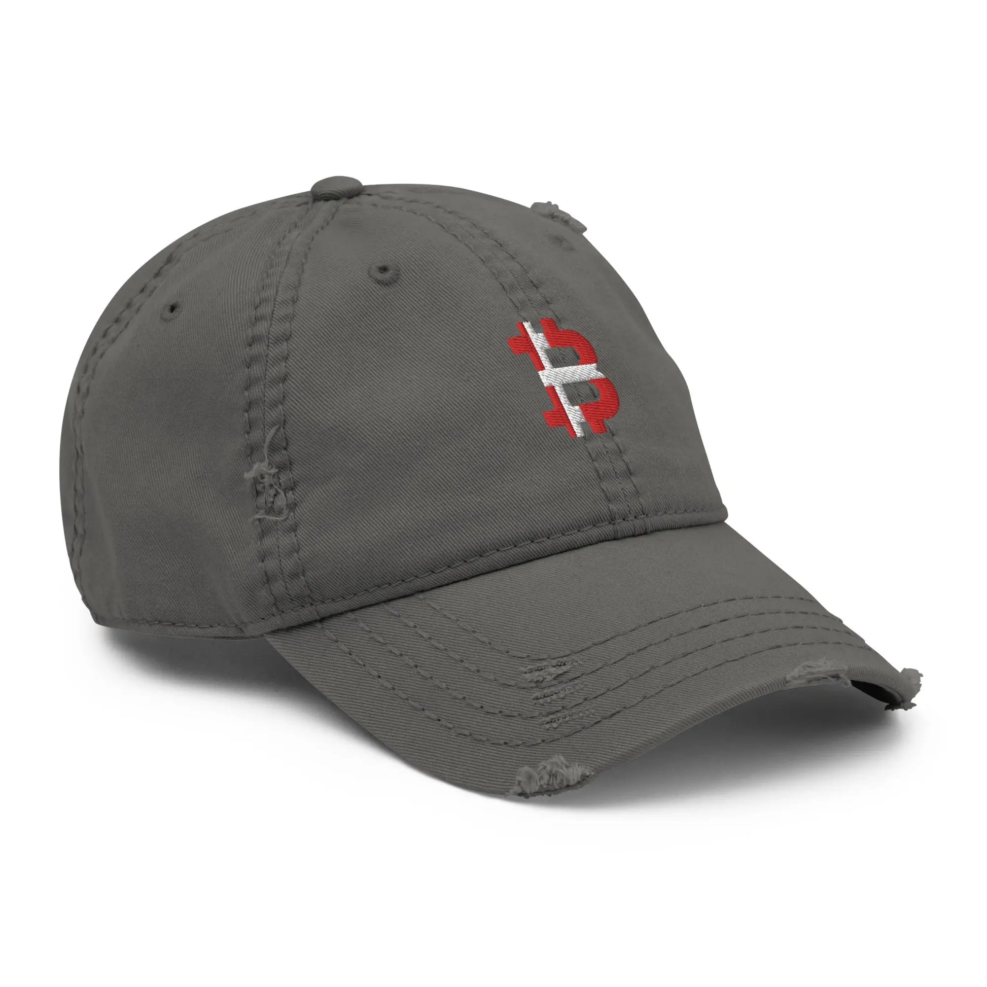 bitcoin hat - red white bitcoin flag design - perspective view - grey