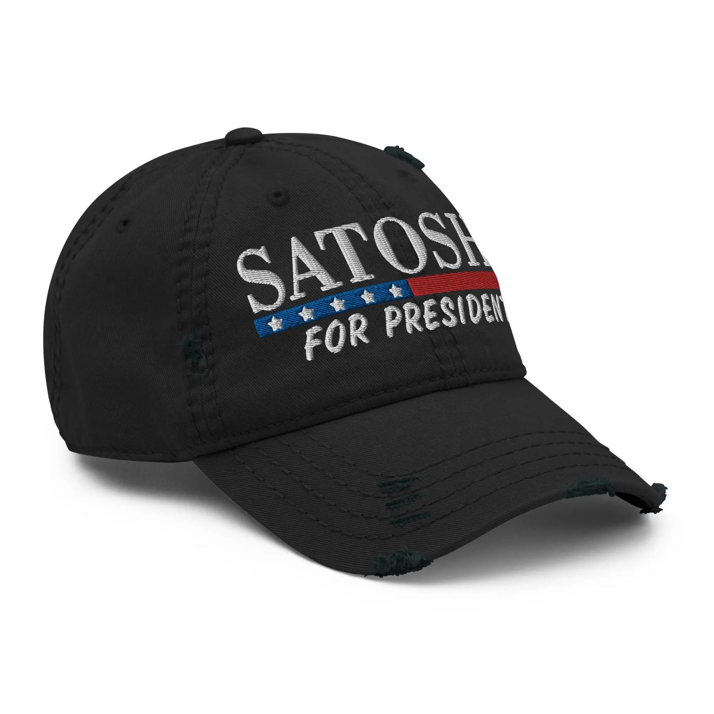 bitcoin hat - satoshi for president distressed design - angled view - black