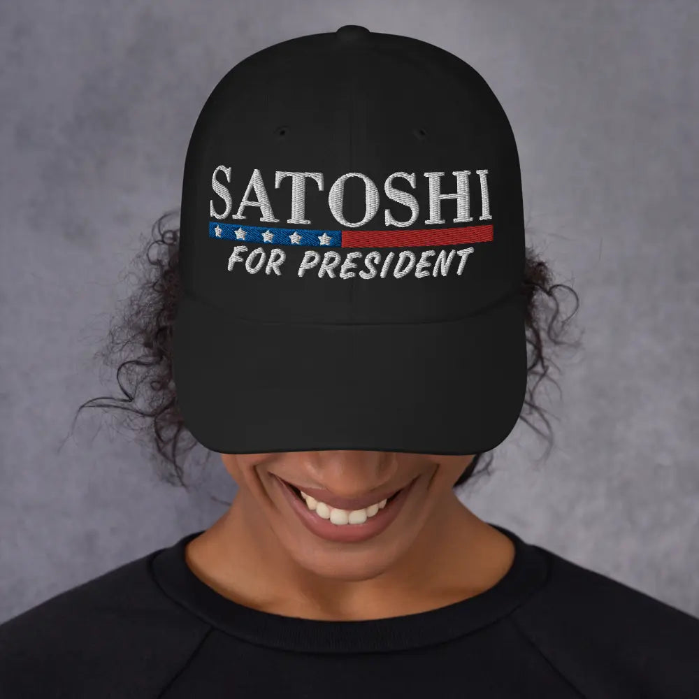 bitcoin hat - satoshi for president - worn by female - black
