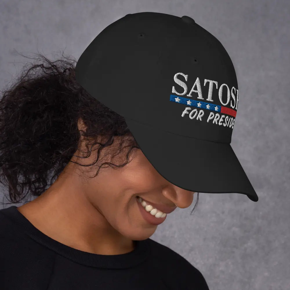 bitcoin hat - satoshi for president - worn by female model - black