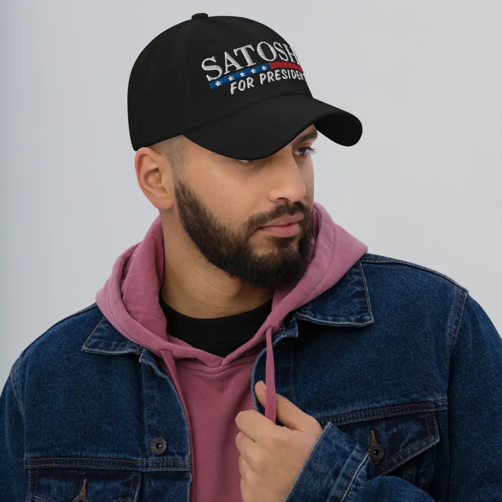 bitcoin hat - satoshi for president - worn by model - black