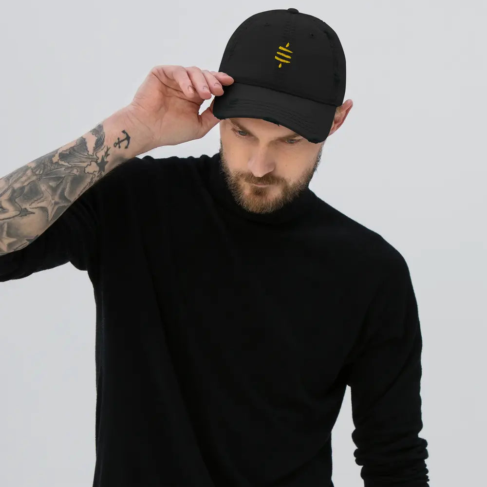 bitcoin hat - sats symbol front - on male model - gold embroidery - black