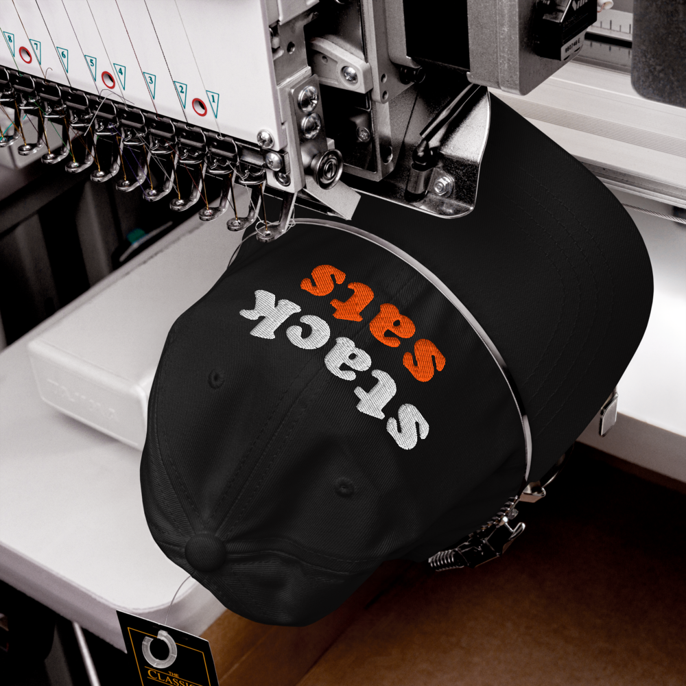 bitcoin hat - stack sats - close-up embroidery - white