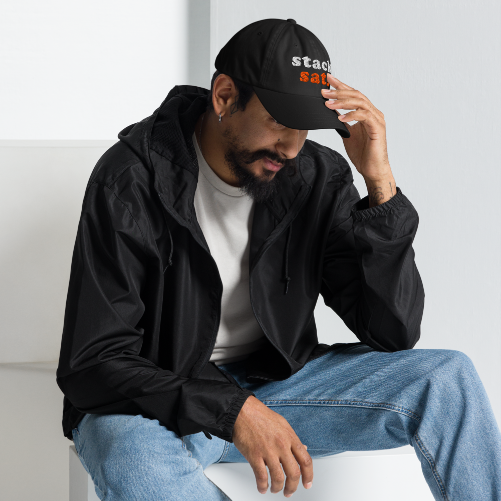 bitcoin hat - stack sats - front view on male model - black