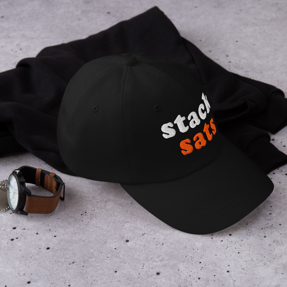 bitcoin hat - stack sats - lifestyle casual outfit - black