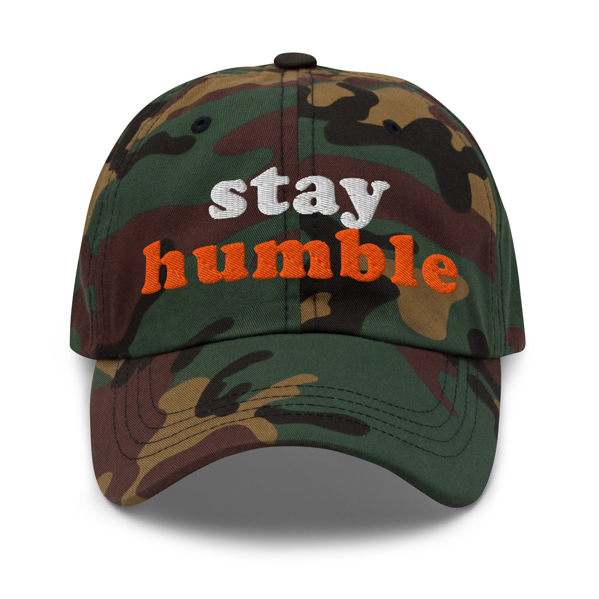 bitcoin hat - stay humble - front view - camo