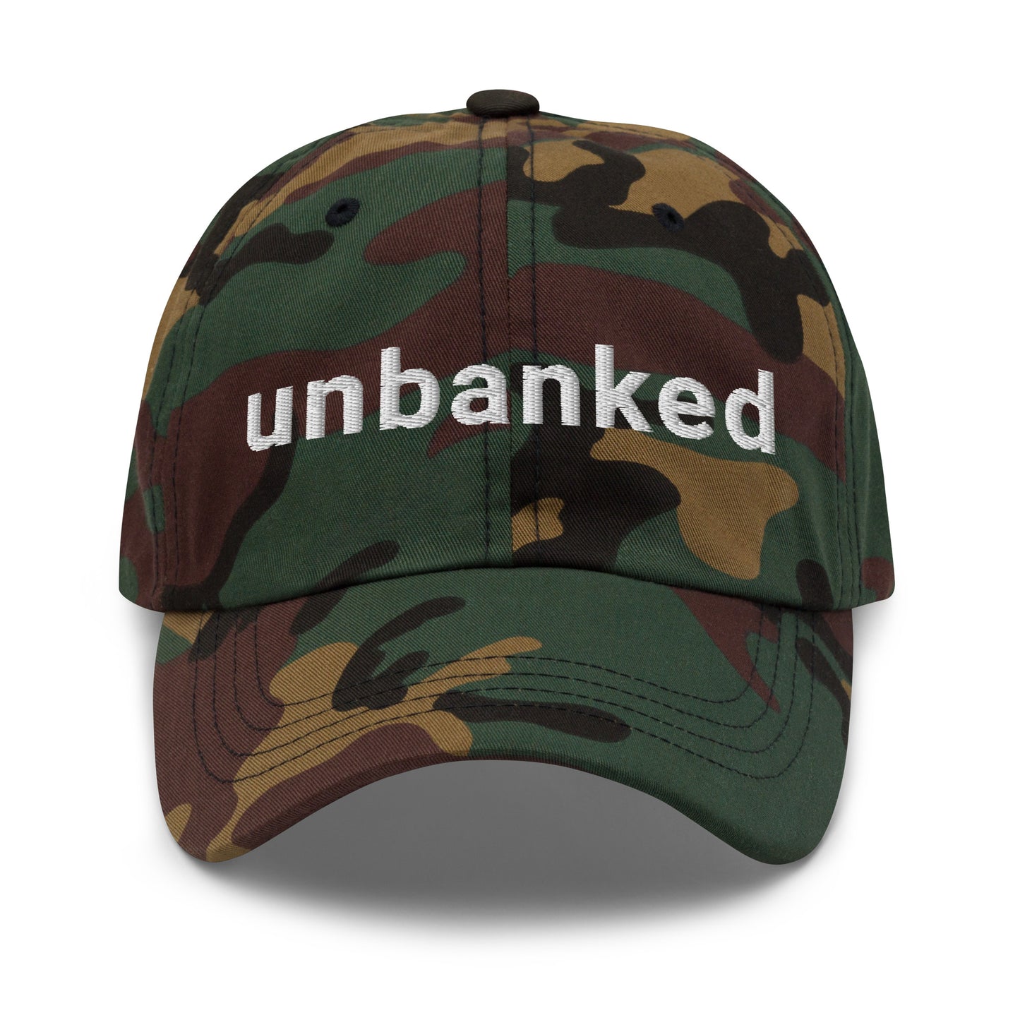 bitcoin hat - unbanked - front view - camo