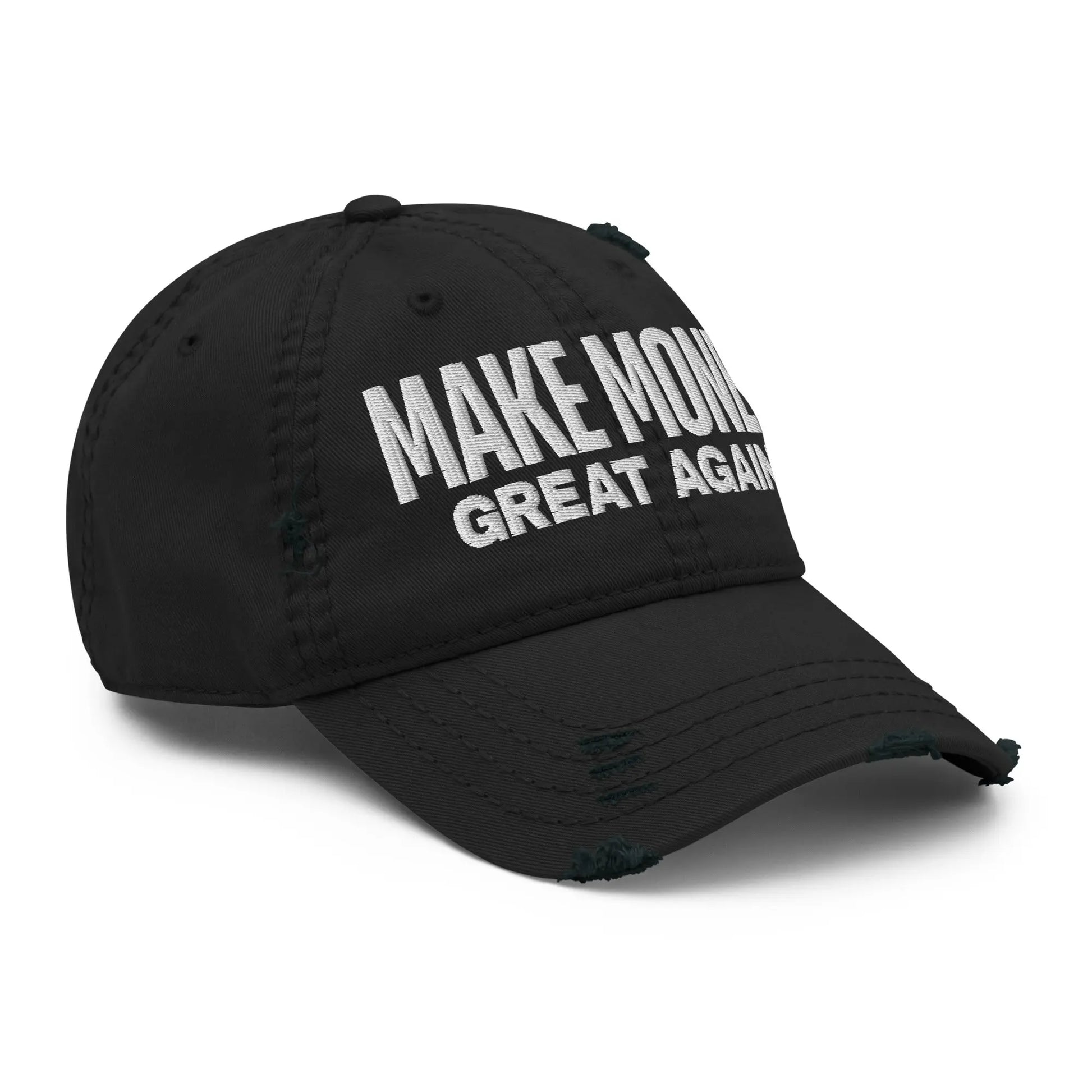bitcoin hat - white embroidery monetary message - angled view - black