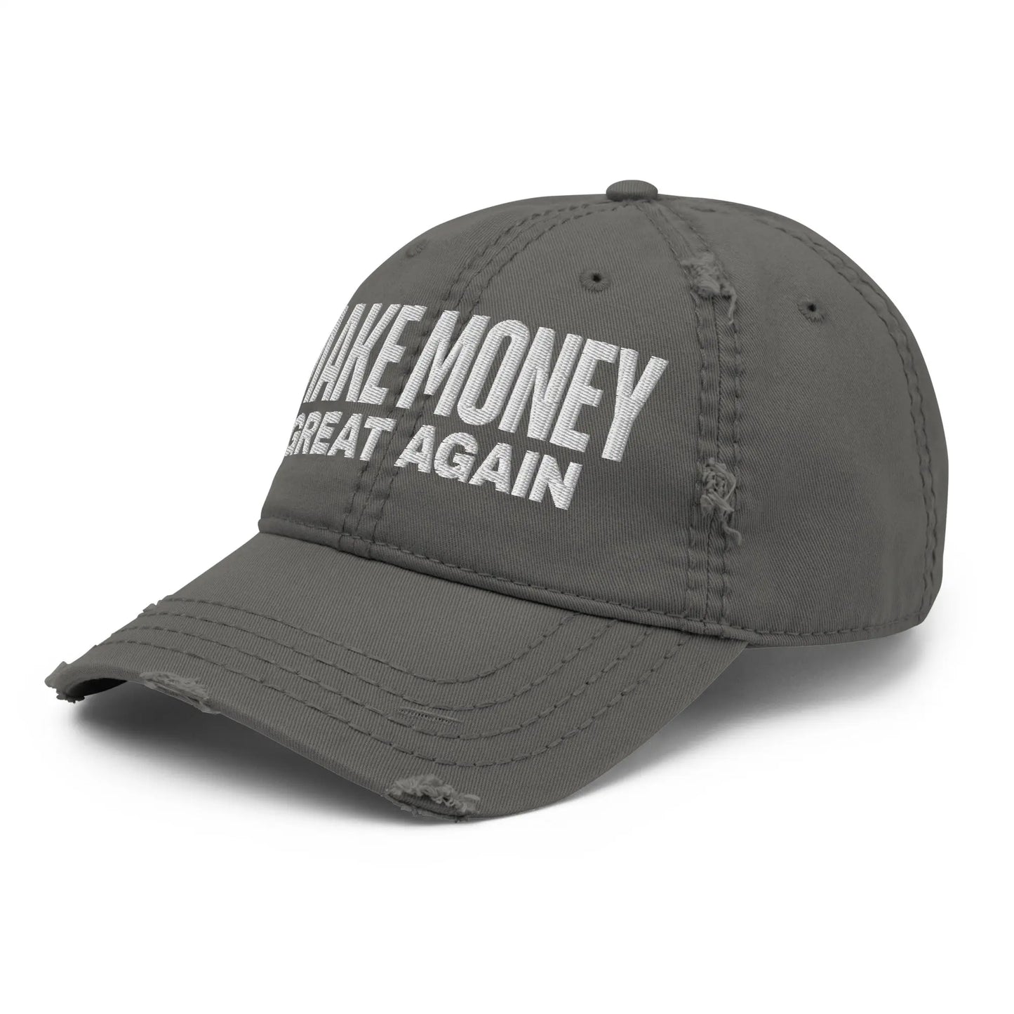 bitcoin hat - white embroidery monetary message - angled view - grey