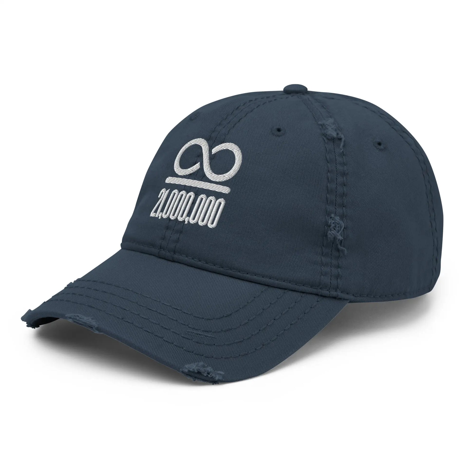 bitcoin hat - white embroidery scarcity concept - angled view - navy