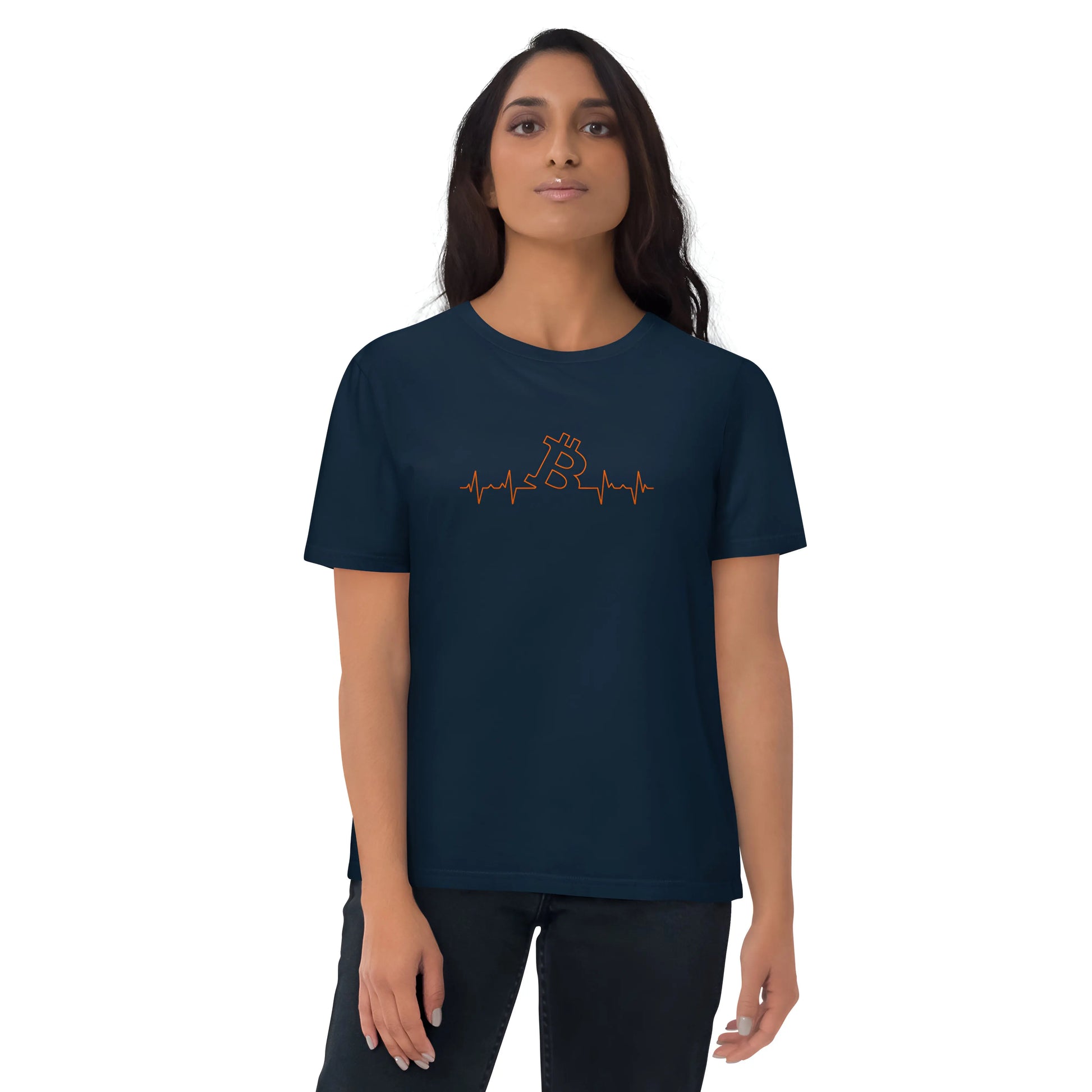 bitcoin t-shirt - bitcoin heart beat - worn on female model - blue