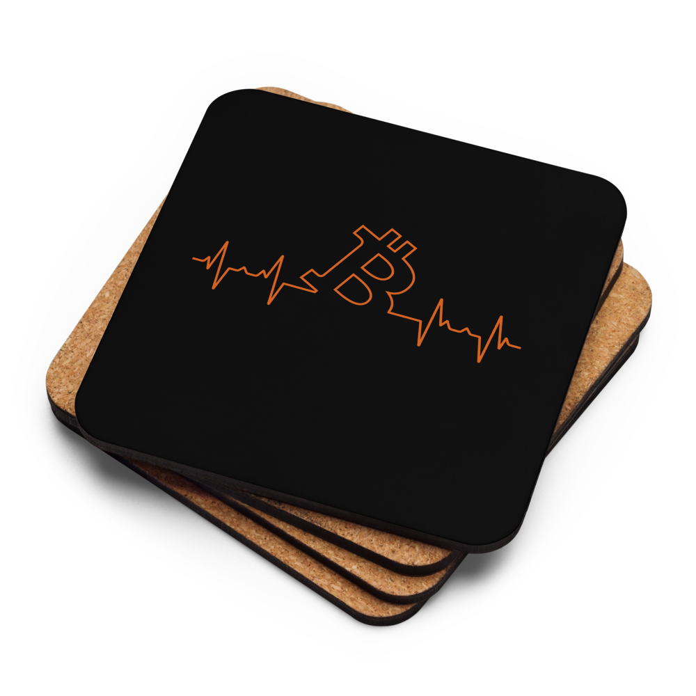 Stack of Bitcoin Heartbeat coasters showing cork backing and printed surface