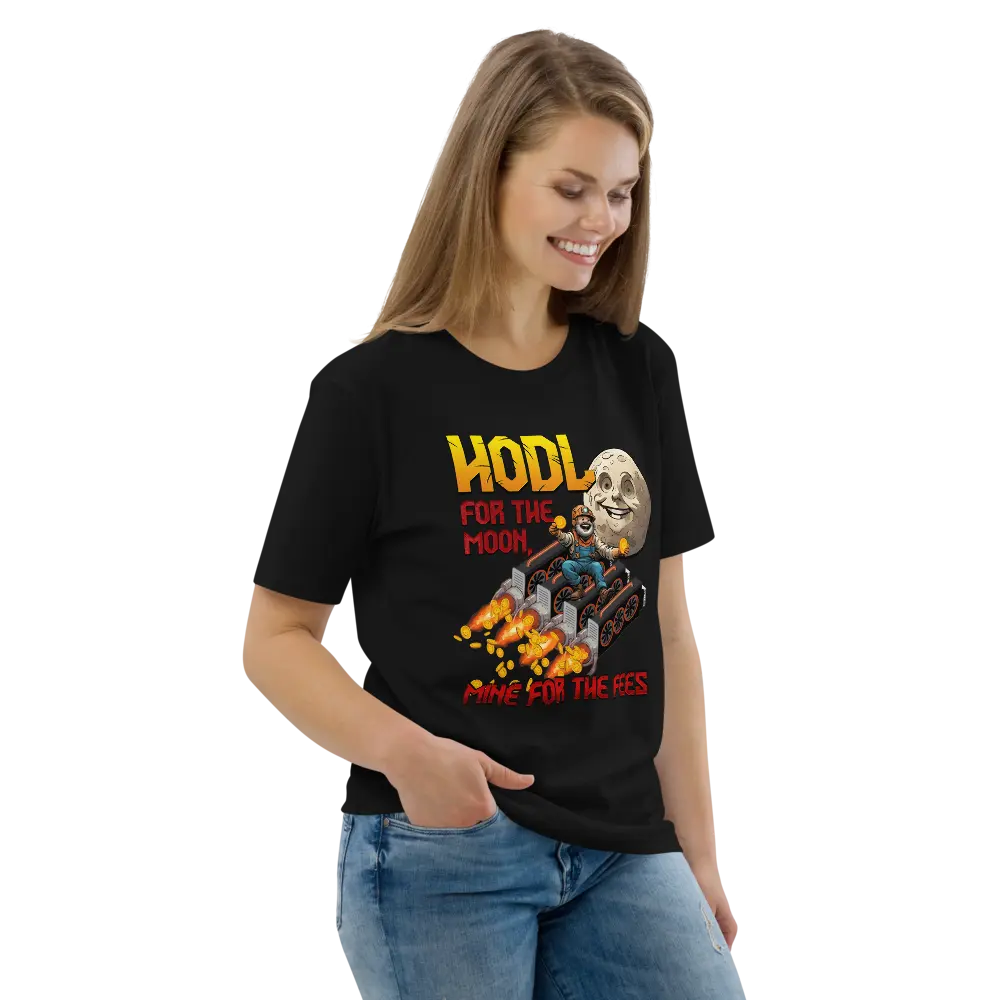 Bitcoin T-Shirt – HODL For The Moon - worn on female model - black
