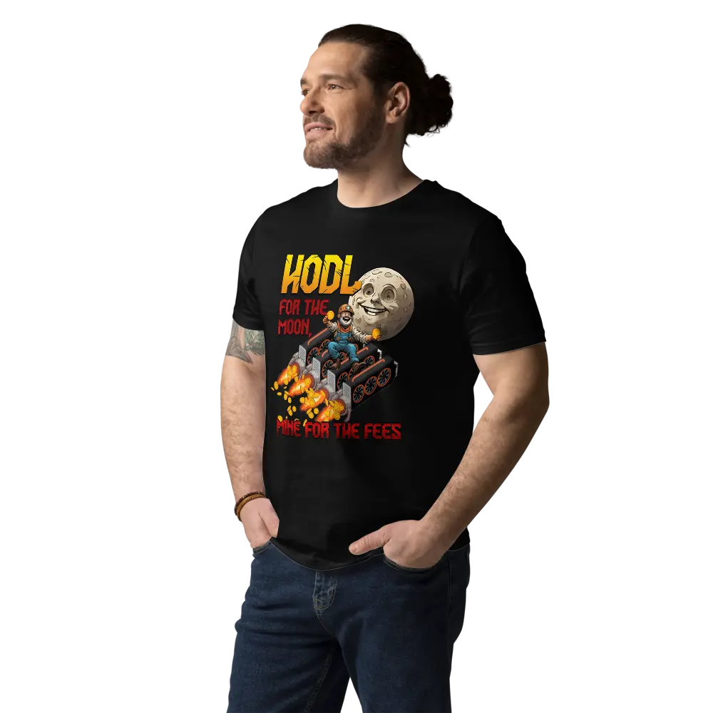 Bitcoin T-Shirt – HODL For The Moon - worn on standing male model - relaxed vibe - black