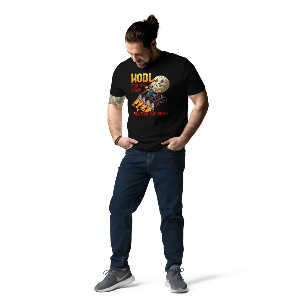 Bitcoin T-Shirt – HODL For The Moon -worn on standing male model - black
