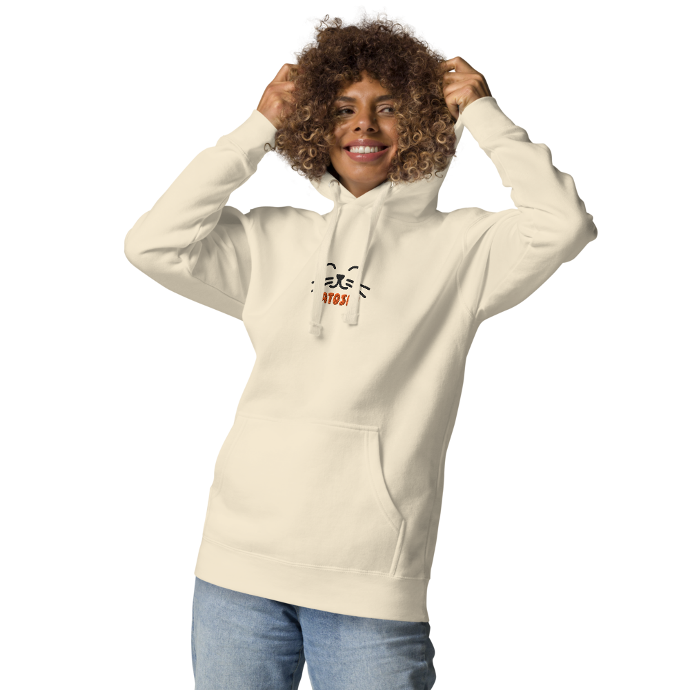 bitcoin hoodie - catoshi - front view - female model - bone color