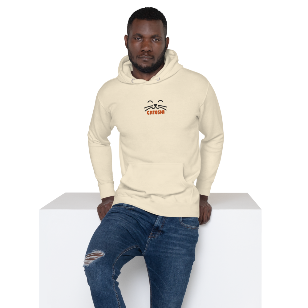 bitcoin hoodie - catoshi - front view - on male model - bone color